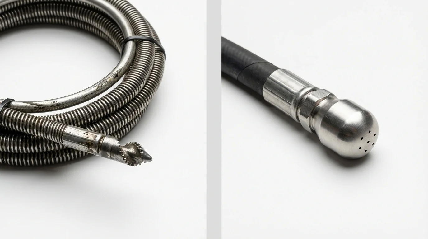 Drain snake cable and hydro jetting nozzle used for drain cleaning in Granger, IA