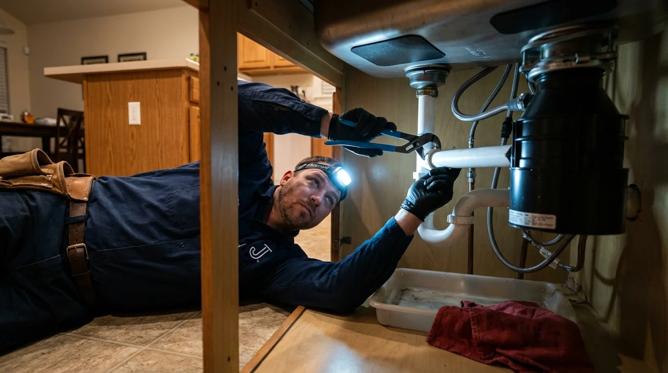 P-trap and supply line connections under a kitchen sink showing a common leak point in Granger, IA